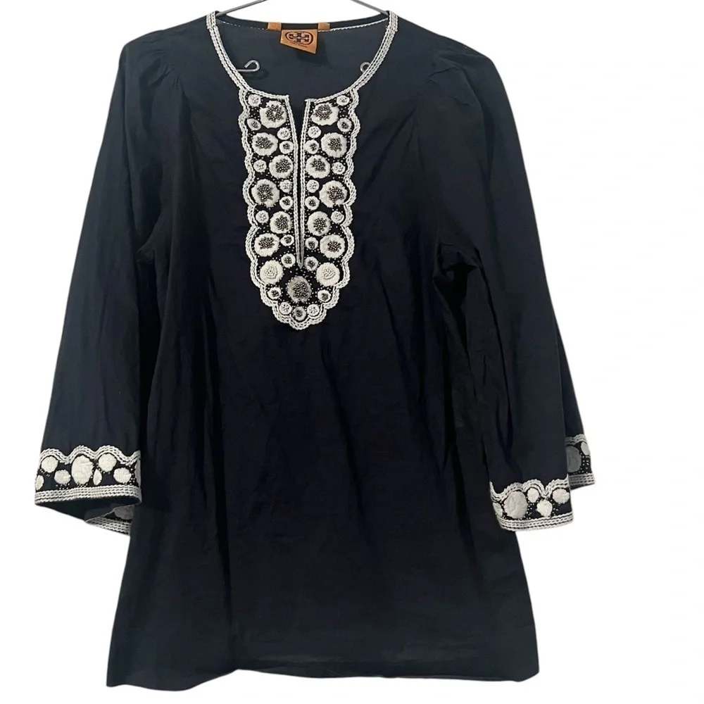 Tory Burch Semi-Sheer Embroidered Tunic Top in Navy Sz 2 Boho Chic Relaxed Fit